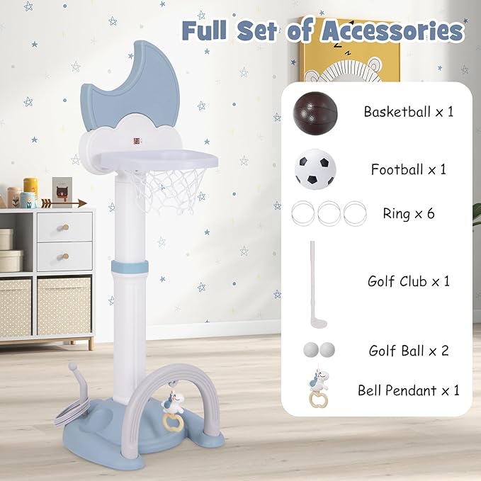 Costzon Kids Basketball Hoop with Electronic Scoreboard Cheer Sound, 4 in 1 Height Adjustable Toddler Basketball Hoop with Soccer, Golf, Ring Toss Game for Indoor Outdoor, Gift(Light Blue Moon)