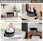 Empty Gift Basket Mini Woven Rope Organizer Baskets for Baby Shower, Vanity, Makeup Brushes, Bathroom, Shelves, Desk - Small Decorative Storage Bins - Set of 2, Pre-Shaped, Black Grey