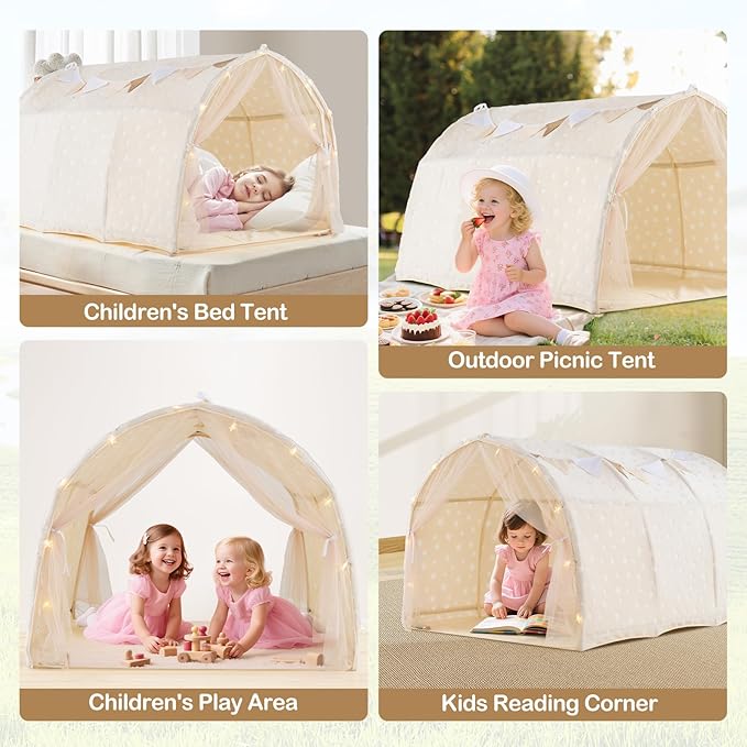 INFANS Kids Bed Tent with Glow in The Dark, Portable Children Playhouse Privacy Space Twin with Mat Star Light Double Net Curtain, Indoor Outdoor Princess Tents Castle for Boys Girls