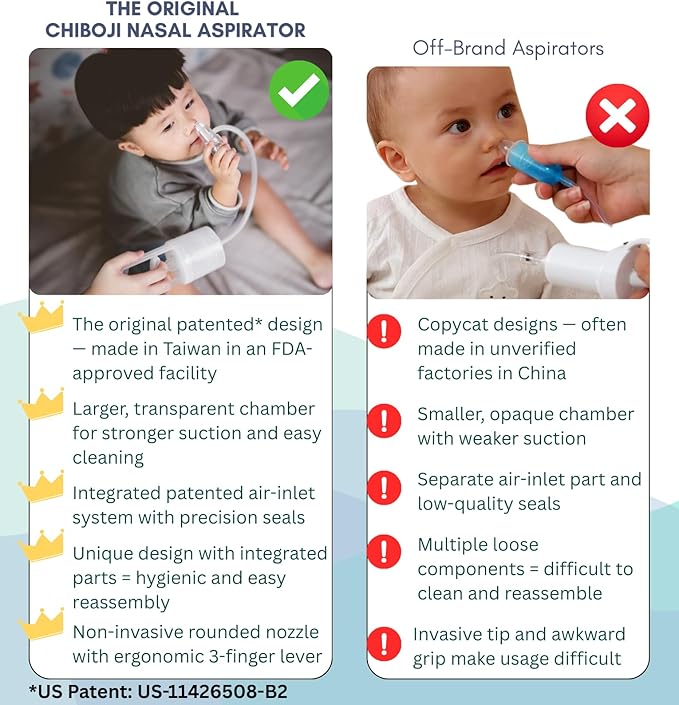Chiboji Baby Nasal Aspirator – Powerful Hand Pump Nose Sucker | Booger Sucker with Rounded Non-Invasive Nozzle | Quiet and Strong Suction Nose Cleaner for Infants and Toddlers, Made in Taiwan