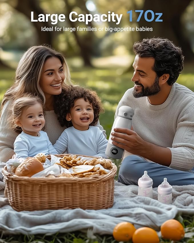 Bear Portable Bottle Warmer for Travel, Milk Warmer for Breastmilk Formula, 17oz Large Capacity Water Warmer with Precise Temp Control, Fast Heating&Long Battery for Travel Car Airplane