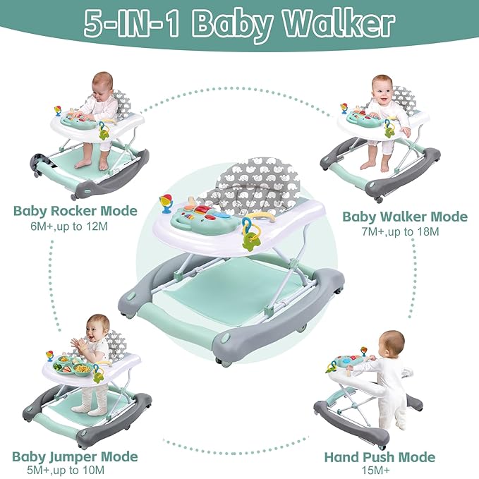 5 in 1 Foldable Baby Walker, Activity Baby Walker-Baby Bouncer, Rocker, Activity Center,Seat and Push Walker,Detachable Trampoline Mat, Adjustable Speed Rear Wheels and Height,Ages 6-18 Months(Mint)
