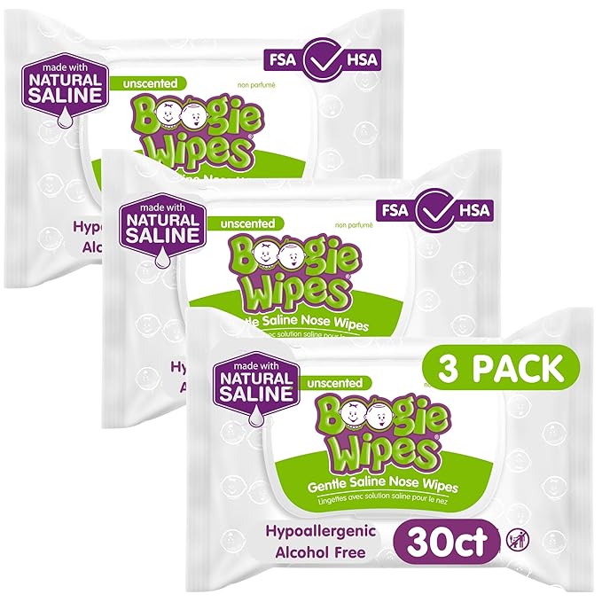 Saline Nose Wipes by Boogie, for Baby & Kids, Face, Hand & Body, Made with Vitamin E, Aloe, and Natural Saline, Unscented, 30 Count (Pack of 3)
