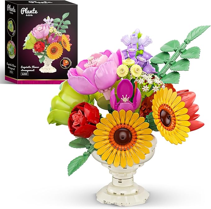 JAKI Artificial Flowers Arrangement Building Sets, 9.8in Botanicals Bouquet Building Kits with Unique Display Stand, for Home Decor, Wedding, Birthday Gift for Adults Girls 18+