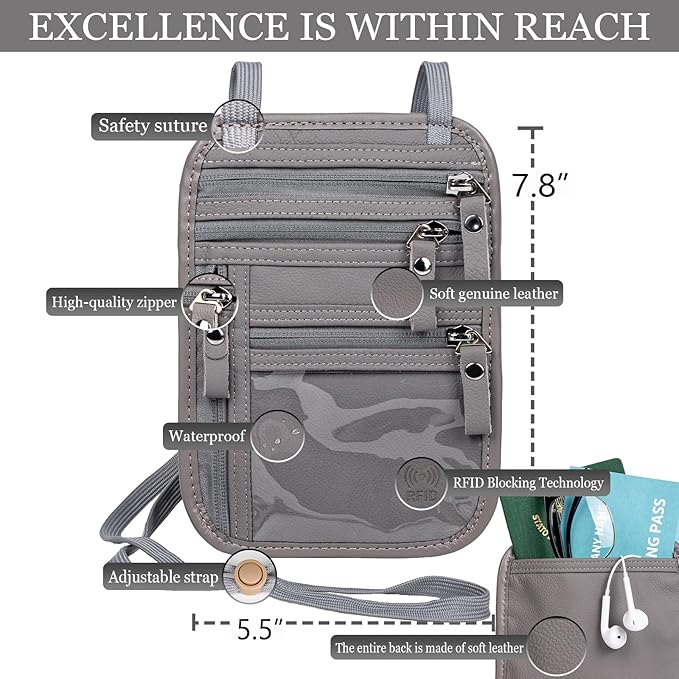 Neck Wallet - Rfid Wallet Women - passport holder for travel - Travel Wallet Passport Holder For Travel Women - 10.3x6.8inch (Light Gray)