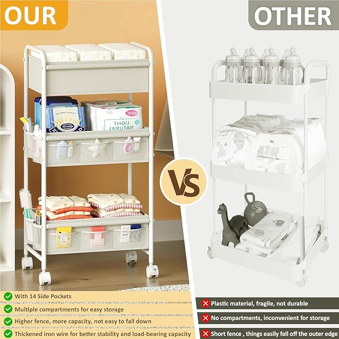3-Tier Baby Diaper Caddy Cart Organizer,Mobile Nursery Storage Cart with Wheels，With 2 Dividers & 14 Mesh Pockets Durable Metal Utility Cart for Nursery, Bedroom, Bathroom Essentials Organization