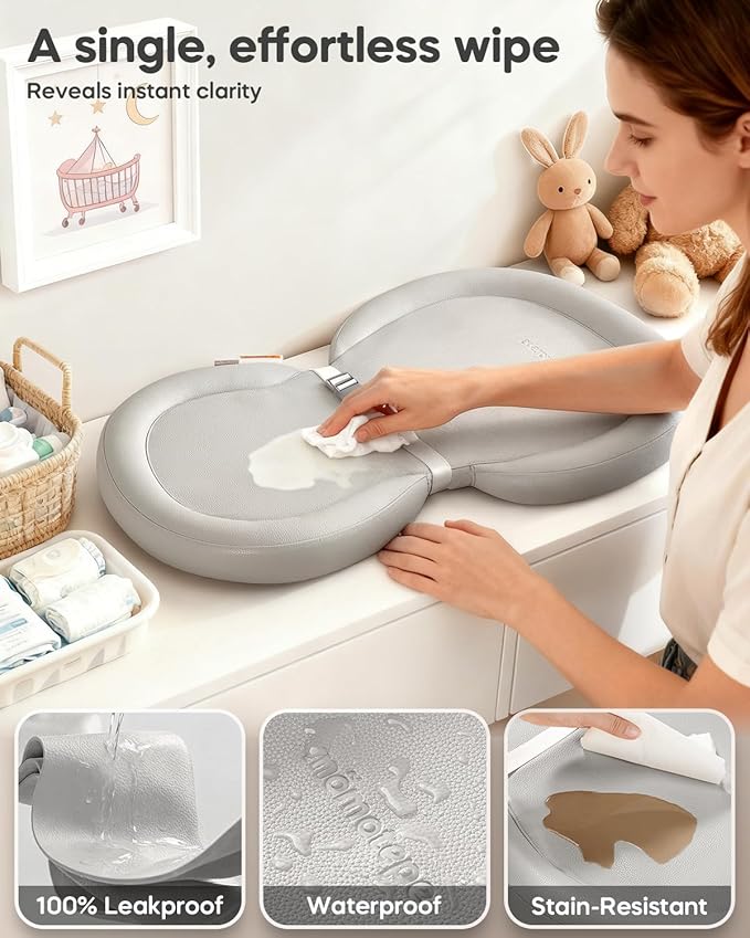 Baby Changing Pad with Waterproof & Wipe-Clean, Non-Slip Foldable PU Diaper Changing Pad, Adjustable Safety Belt, Changing Pad for Dresser, Changing Table,24"X16",Gray