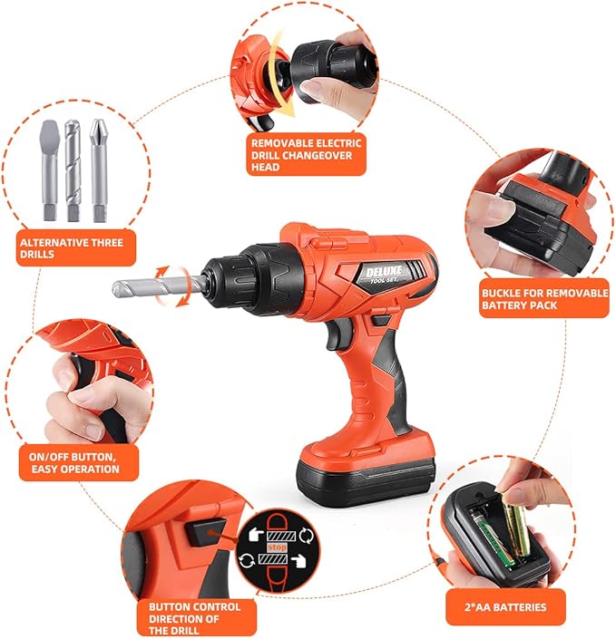 Kids Tool Set – Zealous 48 pcs Toddler Tool Set with Tool Box & Electronic Toy Drill, Pretend Play Kids Toys, Toy Construction Tools for Kids Ages 3,4,5,6,7,8 Years Old (A-Orange)