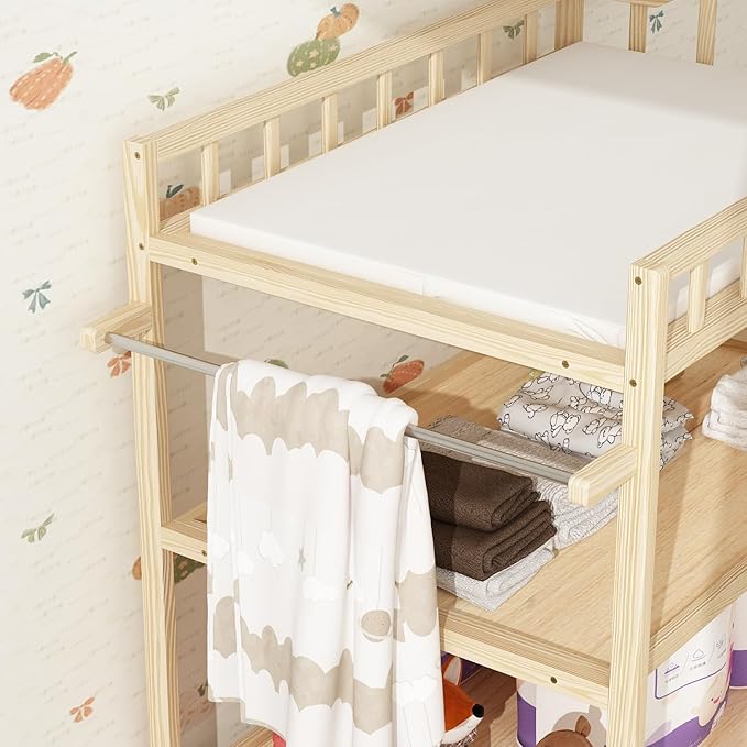 Infant Changing Table in Natural, Solid Wood Structure with Weight Capacity Up to 30LBS, Portable Changing Station for Baby Nursery, New Zealand Pinewood