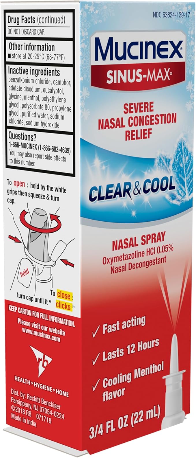 Mucinex Sinus-Max Nasal Spray Decongestant, 12 Hour Over-The-Counter Medication Nose Spray for Sinus Relief, Nasal Decongestants for Adults & Sinus Congestion, Cooling Menthol, 0.75 Fl Oz