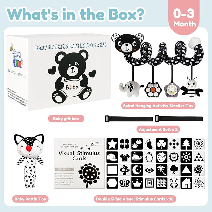 Car Seat Toys for Babies 0-6 Months,Hanging Rattle Toys for Crib Mobile, Baby Spiral Hanging Stroller Black and White High Contrast Toys for Newborn 0 3 6 9 12 Months Baby Boys Girls (Set-2)