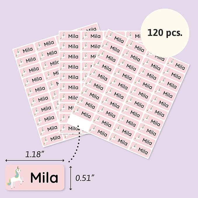 Personalized Name Labels for Kids (120) – Custom Waterproof & Durable Stickers for Clothing, Daycare, Office & School Supplies - Unicorns