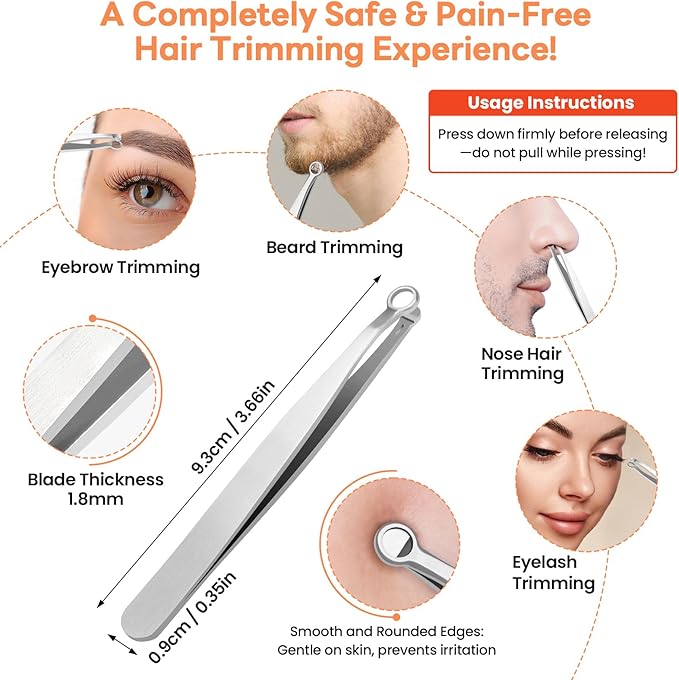 THRAU Nose Hair Trimmer for Men & Women, Stainless Steel Facial Hair Remover for Ear, Eyebrow and Beard, Round tip Trimming Tweezers, Body Grooming Kit