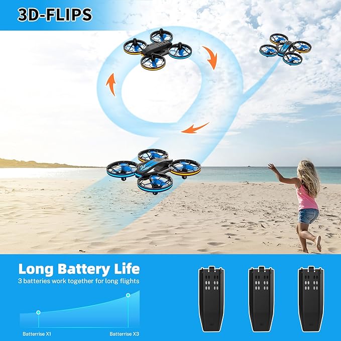 Mini Drones for Kids - RC Drone with Auto Hovering and Headless Mode, Quadcopter with LED Light, Propeller Full Protect, 3D Flips, 3 Batteries, Remote Control, Best Toys Gifts