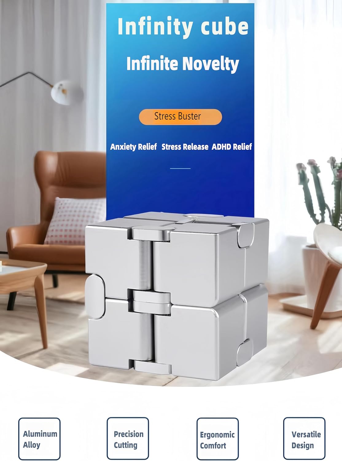 Metal Infinity Cube Fidget Toy - Aluminum Alloy Anti-Stress and Anxiety Finger Flip Cube for Adults, Men, and Women, Ideal Desk Toy for Work or Home - Infinity Cube Desk Toy (Silver)