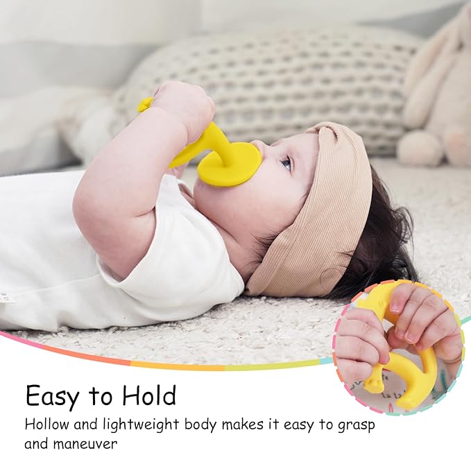 Teething Toys 3 Months+, Mombella Elephant Teethers for Babies with Strap to Clip on, Soft Silicone Teether Toys, 2 in 1 Teether & Pre-Training Toothbrush, 3 Month Old Infant Chew Toys, Yellow