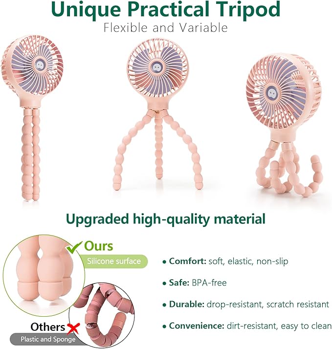 snawowo Mini Handheld Personal Portable Fan, Baby Stroller Fan, Car Seat USB or Battery Powered, with Flexible Tripod Clip on Student Bed Desk Bike Crib Treadmill Camping Traveling(Pink)