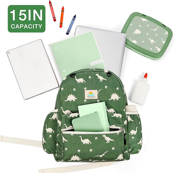 STEAMEDBUN Corduroy Kids Backpack for Girls and Boys 5-8: Boys Backpack for Elementary Kindergarten - 15 inch Cute Backpacks for Kids - Dinosaur