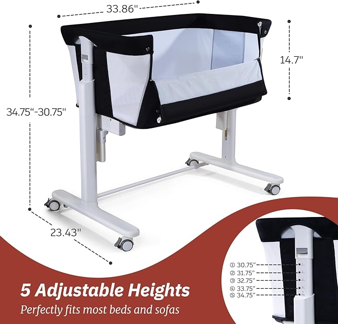 Electric Bassinet for Baby, 3 Speeds Automatic Rocking Bassinets with All mesh, 5 Height Adjustment Bedside Crib for Nweborn, 8 Music, Wheels, Black