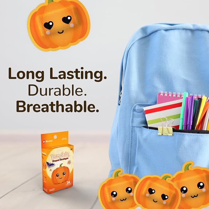 BioSwiss Bandages, Halloween Pumpkin Shaped Self Adhesive Bandage, Latex Free Sterile Wound Care, Fun First Aid Kit Supplies for Kids, 24 Count