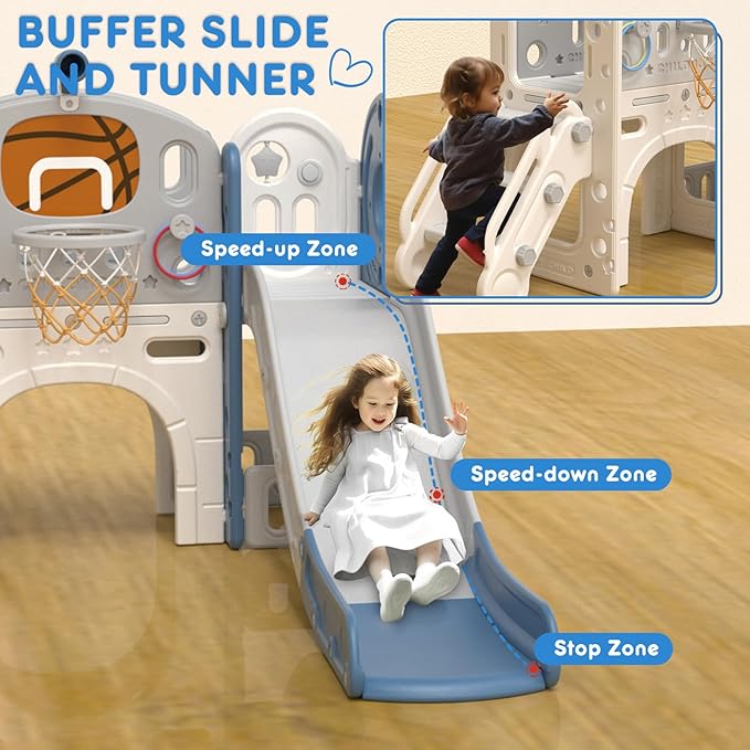 XJD 8 in 1 Toddler Slide Set, Kids Slide for Toddlers Age 1+, Toddler Climber Slide PlaySet with Basketball Hoop and Ball,Outdoor Indoor Playground for Toddlers 1-3 (Blue Gley, 8 in 1)