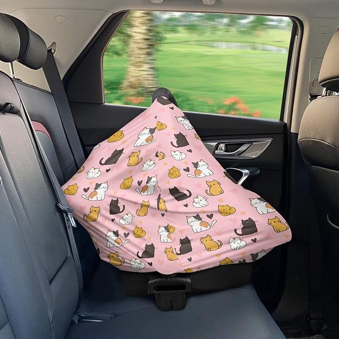 Binienty Baby Car Seat Covers - Cartoon Kitten Infant Carseat Canopy Multi-use Stretch Nursing Cover for Breastfeeding