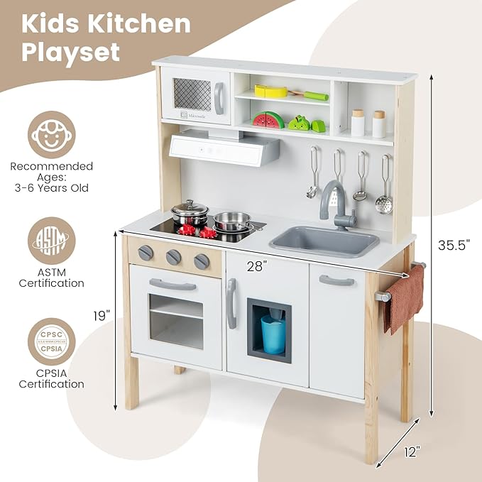HONEY JOY Kids Kitchen Playset, Wooden Play Kitchen for Toddlers, Microwave, Range Hood, Ice Maker, 18 Cooking Accessories, Little Chef Pretend Play Toy Kitchen Set, Gift for Boys Girls, Natural