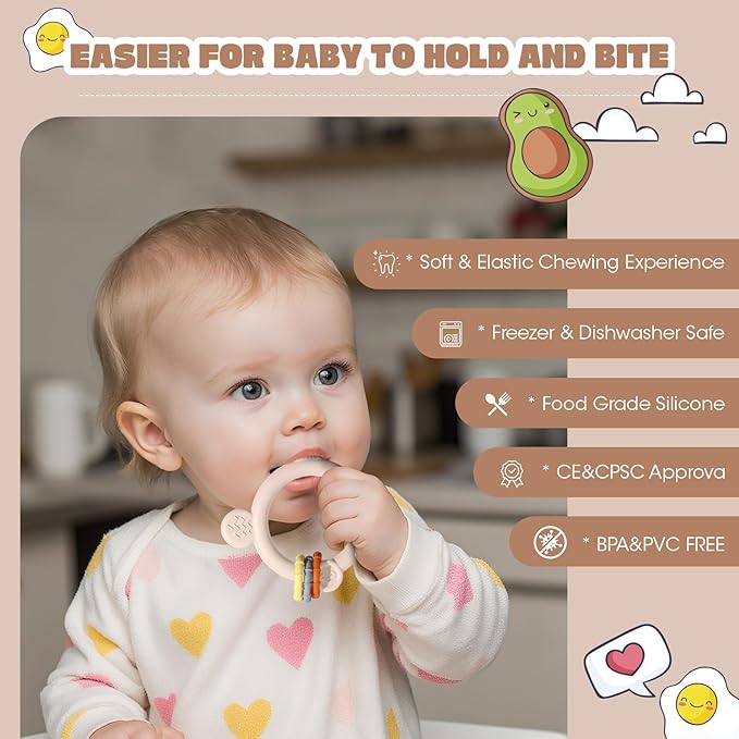 Baby Fruit Food Feeder & Breastmilk Popsicle Molds for Teething Relief, Baby Feeding Sets, 1 Freezer Tray with Lid & 1 Teether Toy & 1 Silicone Teething Pacifier Feeder, Extra Food Pouches (Beige)