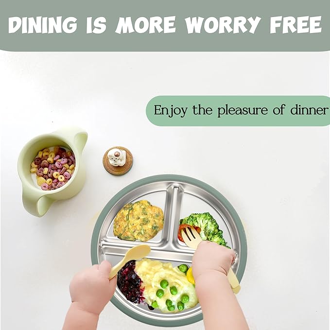 3Pack Sainless Steel Kids Plates with Suction, 8.1” Divided Toddler Baby Plates with Removable Silicone Sleeves BPA Free Non-Slip 2-in-1 Anti Breakage Metal Toddler Bowls