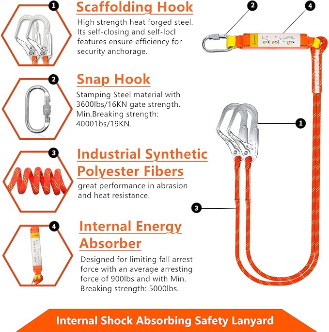 Full Body Safety Harness Tool Fall Protection，OSHA/ANSI Compliant,ASTM F1774certified | INTERNAL Shock Absorbing Lanyard（Orange）