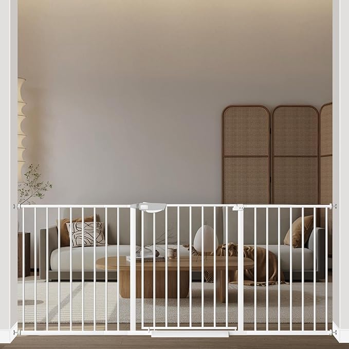 WAOWAO Triple Lock 68.11-75.98" Baby Gate Extra Wide Pressure Mounted Walk Through Swing Auto Close Safety White Metal Dog Pet Puppy for Stairs,Doorways,Kitchen