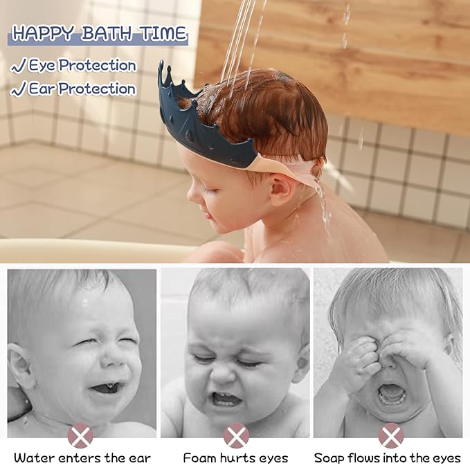 Baby Shower Cap Shield, Shower Cap for Kids, Visor Hat for Eye and Ear Protection for 0-9 Years Old Children, Cute Crown Shape Makes The Baby Bath More Fun(Blue)
