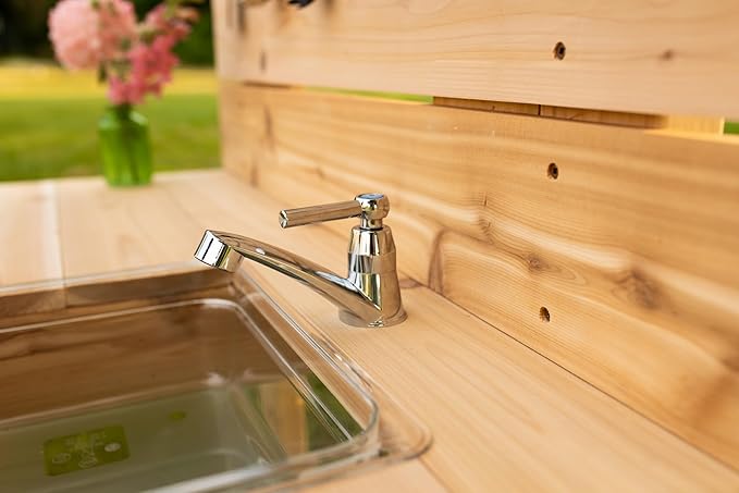Noble Toys Mini Mud Kitchen with Functional Sink for Kids | Pretend Play Toddler Table with Running Water | Outdoor Playset Working Sink | Real Wooden Kitchens | Preschool Equipment
