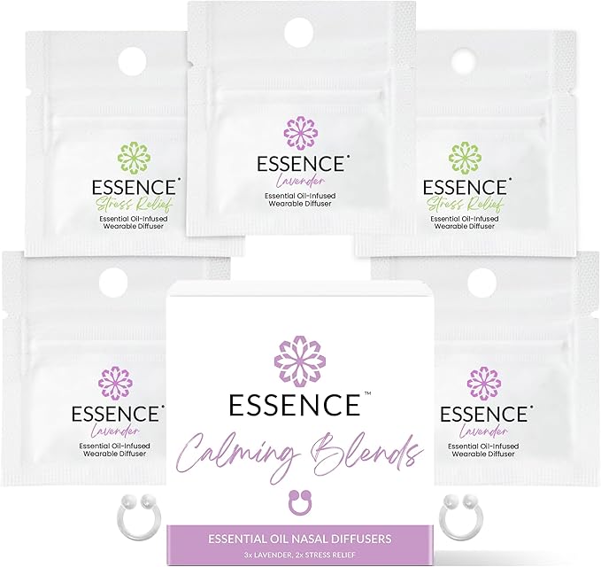 Essence Nasal Diffuser Calming Bundle – Aromatherapy Essential Oil Silicone Nose Rings for Stress & Sleep Support – Wearable Lavender & Stress Relief Blends for Relaxation & Nighttime Use