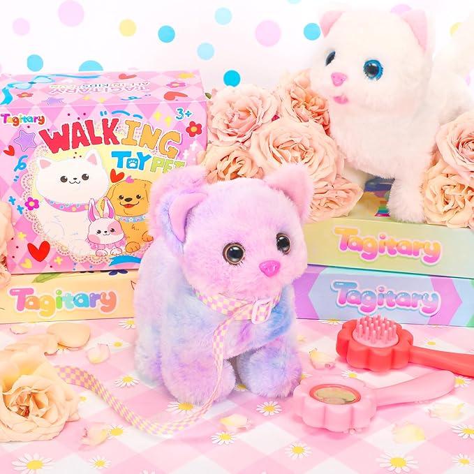 Tagitary Plush Toys Cat for Kids,Interactive Electronic Cat Toys That Can Move,Meow and Wag Tail,Stuffed Toys for Kids with Leash,Easter Christmas Birthday Gift for Toddlers Kids