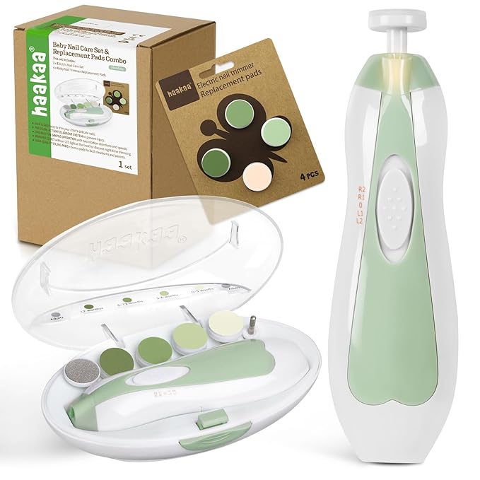 haakaa Baby Nail Trimmer Electric Baby Nail Clippers Kit for Newborn, Toddler or Adults Fingernails and Toenails Care, Baby Nail Care Set & Extra 4 Replacement Pads Combo - Meadow