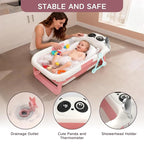 Collapsible Baby Bathtub for Newborn to Toddler (0-24 Months), Portable Baby Bath Tub for Travel, Newborn Bathtub with Soft and Supportive Cushion (Panda-Pink)