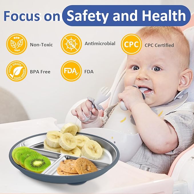 Stainless Steel Suction Plates for Toddlers, 9" Divided Kids Baby Plates with Removable Silicone Suction, Non Toxic Non Slip Portion Control Snack Dishes 4 Packs, Blue Gray Navy Sage