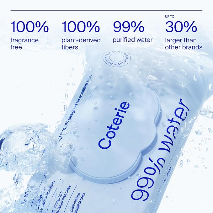 Coterie Baby Wipes for Sensitive Skin, Plant-Based & Plastic-Free Fibers, 99% Water, Hypoallergenic, pH Balanced, Unscented, Clean and Gentle Baby Essentials, 4 Standard Packs and 8 Travel Size Packs