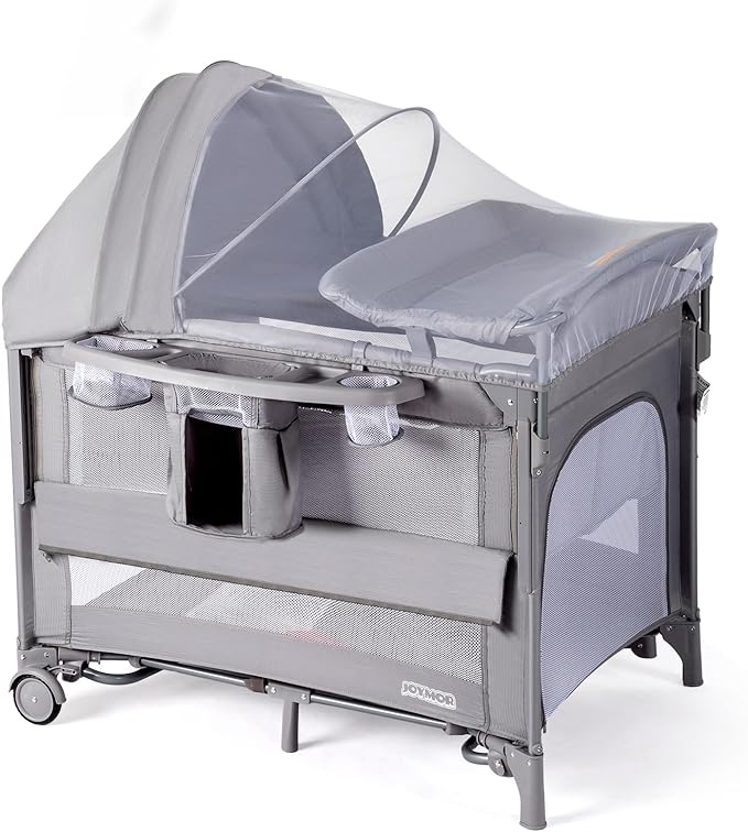 JOYMOR 9 in 1 Bedside Bassinet with Changing Table, Pack and Play with Bassinet, Convert to Rocking Baby Bed with Electric Music Center, Mosquito Net, Storage, Gray