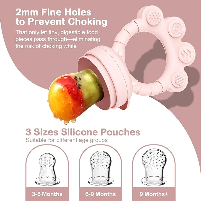2 Pack Baby Fruit Food Feeder+Breastmilk Popsicle Molds,Baby Teethers,BPA Free,2mm Fine Holes to Prevent Choking,Perfect for Teething Relief & Infant Solid Food Introduction,3M+（Mauve Pink, Soft Pink）