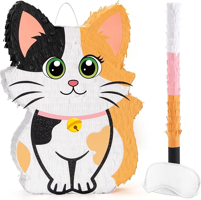 Wernnsai Kitten Cat Piñata - Cat Kitten Decorations For Kids Girls Birthday Cute Animal Party Game For Cat Lady KittenParty Supplies Favor With Bat Blindfold 16“ x 12.5" x 3"