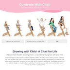 Cowiewie 3-in-1 Convertible Natural Wooden High Chair for Babies & Toddlers 3-Tier Remove & 2 Adjustable Wood Tray & 8 Levels Adjustable, 2 Waterproof Cozy Cushions Grey