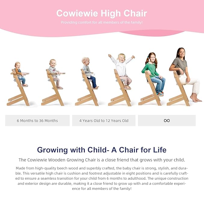 Cowiewie 3-in-1 Convertible Natural Wooden High Chair for Babies & Toddlers 3-Tier Remove & 2 Adjustable Wood Tray & 8 Levels Adjustable, 2 Waterproof Cozy Cushions Grey