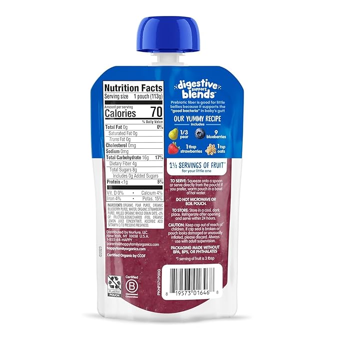 Happy Baby Digestive Support Blends Baby Food, Pear, Blueberries, Strawberries & Oats, 4 Oz (Pack of 16) + Happy Baby Organics Stage 2 Clearly Crafted, Apples, Guavas & Beets, 4 Oz (Pack of 16)