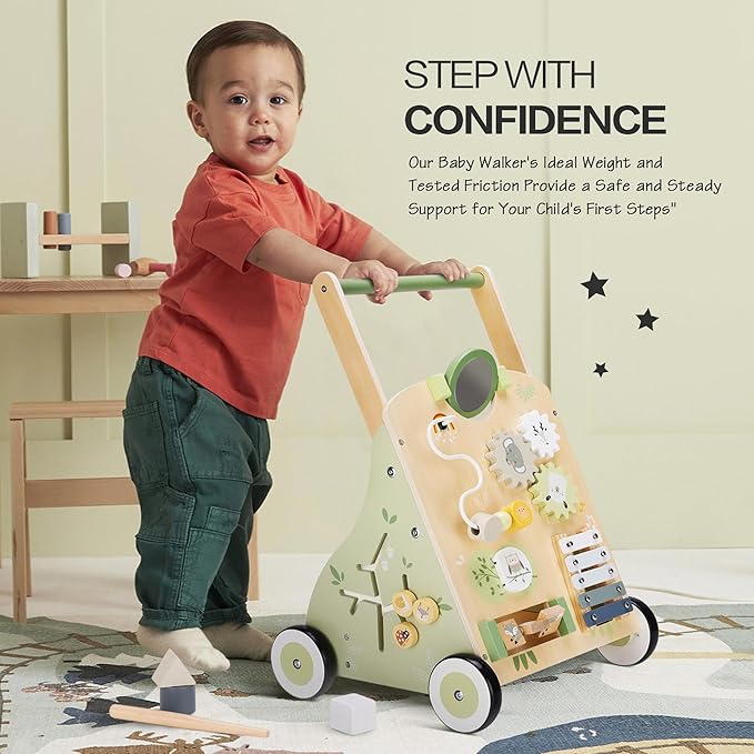 Wooden Baby Push Walker and Toddler Pull Learning Activity Toy - Develop Motor Skills & Creativity - Multiple Activities Center for 1-3 Years Old Boys and Girls