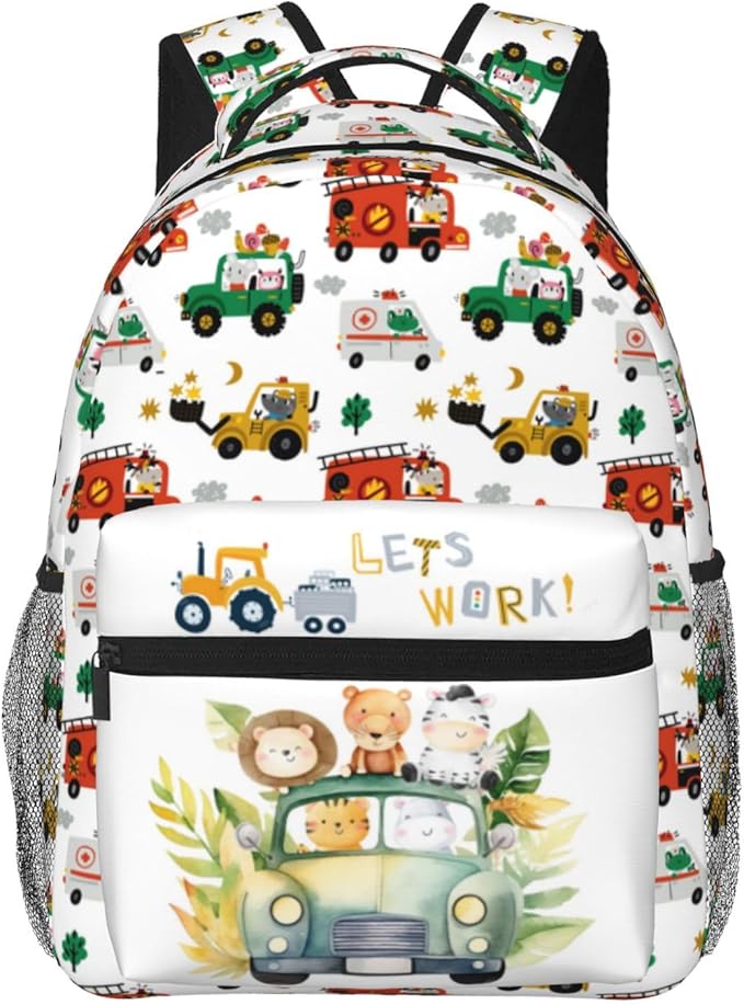 Funny Cars Kids Backpack For School Cute Animal Bear Lion Car Travel Backpack Cartoon Ambulance Digger Fire Engine Waterproof Backpack For Kids Boys Girls For School Travel Hiking