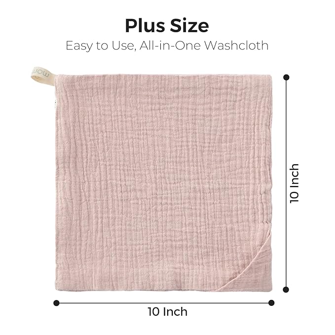 Momcozy Soft & Absorbent Baby Washcloths - 4 Layer Design| Medium Thickness| Premium Cotton for Newborns' Skin-Great for Bathing, Wiping & on-The-go Use, Shower Gift and Essential(5 Pack, 10x10 inch)