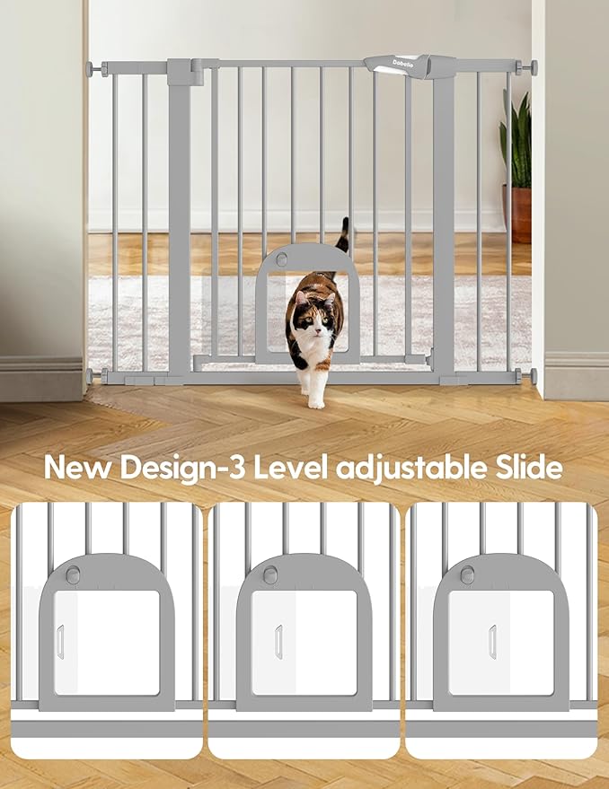 Babelio 36" Tall Upgraded Baby Gate with Cat Door,29-43" Auto Close Durable Dog Gate for Stairs,Doorways and House,Easy Walk Thru,Includes 4 Wall Cups,Gray