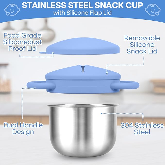 2-Pack Stainless Steel Snack Cup for Toddlers Spill-Proof, Baby Food Containers with Removable Silicone Lids & Handles | Dishwasher Safe, BPA-Free On-the-Go Kids Snack Containers Box